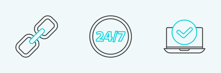 Set line Laptop, Chain link and Clock 24 hours icon. Vector