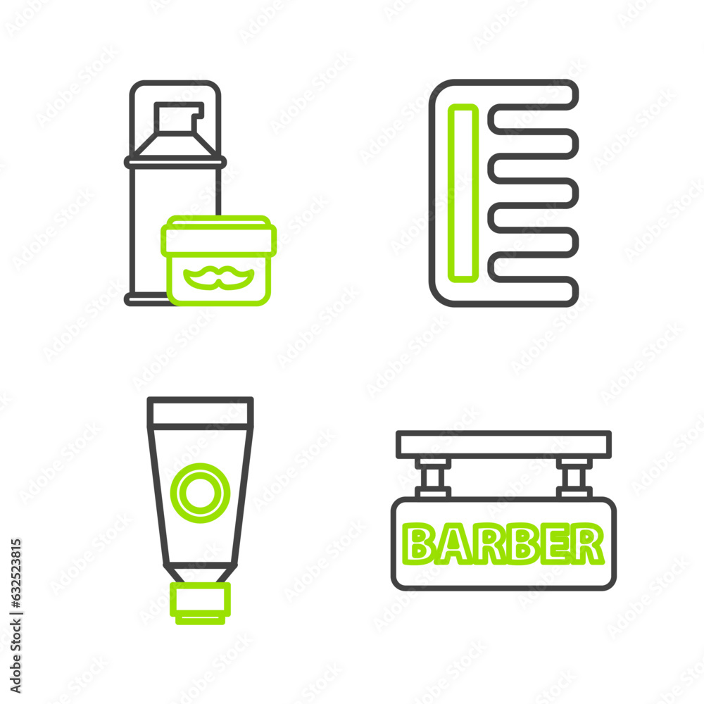 Wall mural set line barbershop, cream or lotion cosmetic tube, hairbrush and shaving gel foam icon. vector