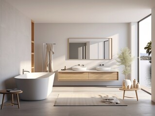 Modern bathroom interior with vanity, double sink, bathtub, and shower generative ai