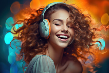 Pretty young woman with headphones, in front of colorful wall. Music, party, youth. AI generative, illustration.