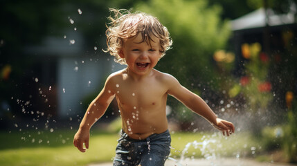 Small child running through a sprinkler on a hot day  feeling joy and excitement - obrazy, fototapety, plakaty