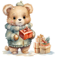 Cute teddy bear holding a stack of Christmas gifts on white background illustration