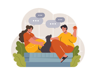 Hygge. Happy people relaxing at home, family members leisure