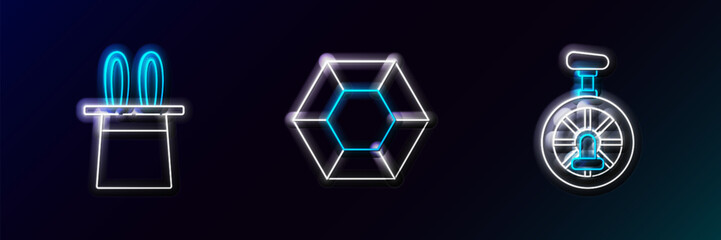 Set line Unicycle or one wheel bicycle, Magician hat and rabbit ears and stone icon. Glowing neon. Vector © Oksana