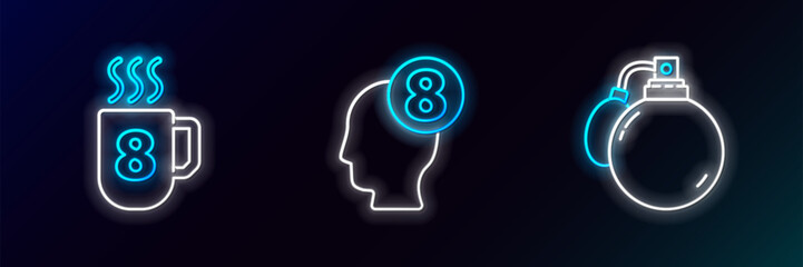 Set line Perfume, Coffee cup with 8 March and in human head icon. Glowing neon. Vector