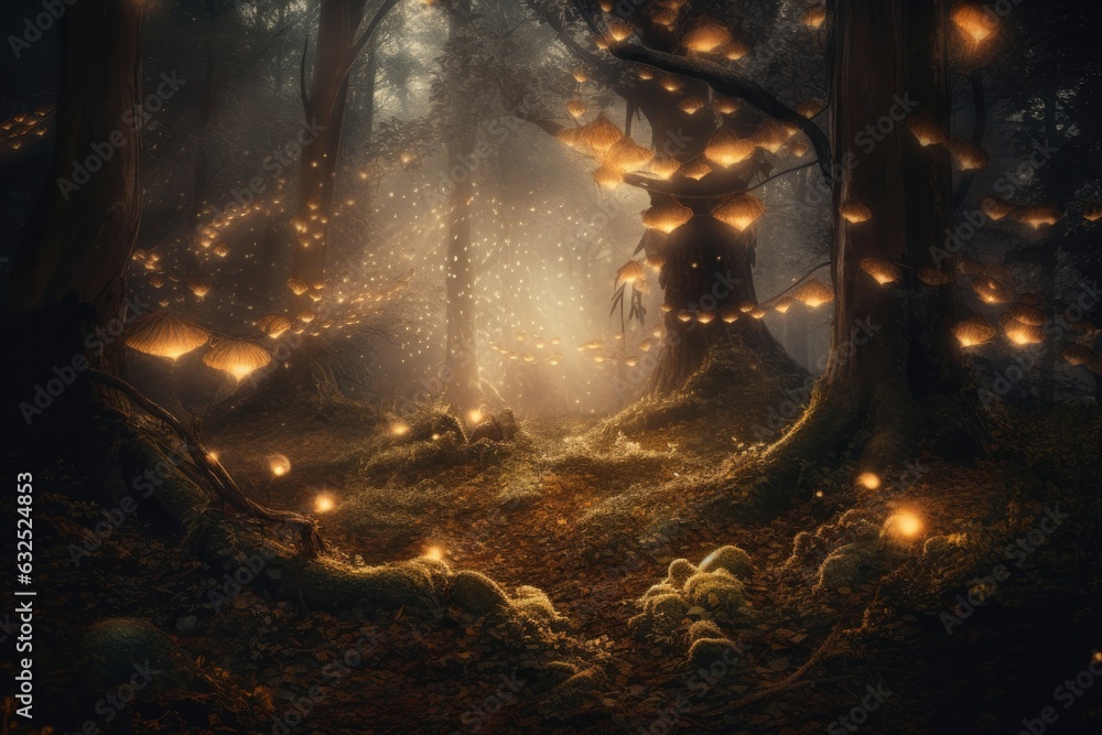 Poster a mystical forest path with glowing lanterns and a misty figure.