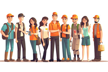 Obraz premium A line of people in various outfits and accessories looking to the right