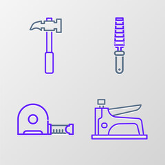 Set line Construction stapler, Roulette construction, Chisel tool for wood and Claw hammer icon. Vector