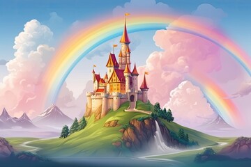 A pink and yellow castle with a waterfall and a rainbow on a hill.