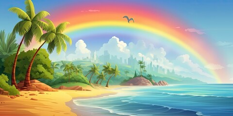 A serene beach scene with a city skyline and a colorful rainbow arching over the ocean and a bird.