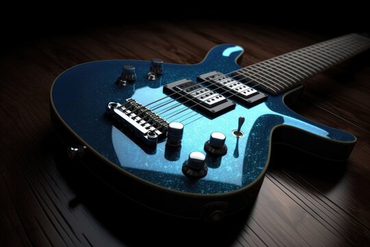 A blue electric guitar on a wooden floor with a light shining on it: a sleek and shiny image that shows musical passion and style.