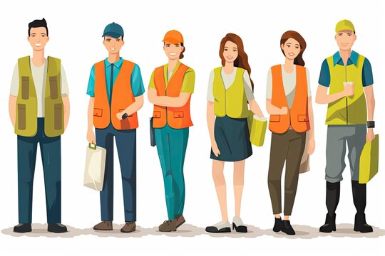 Six people wearing high visibility vests in different colors and holding various items on a white background: a simple and clear image that shows a team of workers.