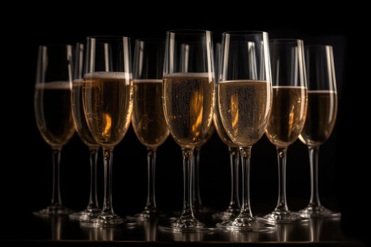 A celebration of champagne glasses sparkling in the dark. The image captures a moment of joy and elegance.