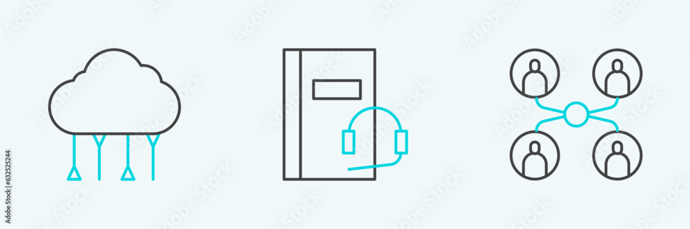 Poster set line online class, network cloud connection and audio book icon. vector