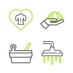 Set line Shower head, Sauna bucket and ladle, Lotus flower and Massage icon. Vector