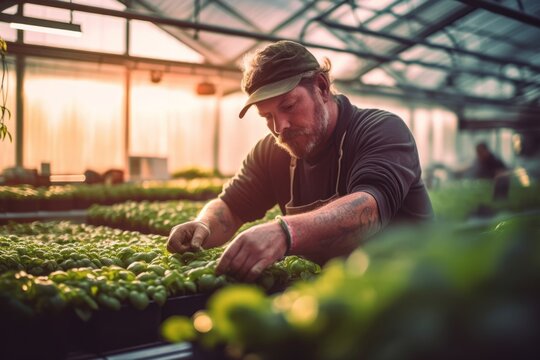 A farmer working in a greenhouse filled with thriving plants, emphasizing the year-round productivity and innovation in modern farming methods. Generative Ai