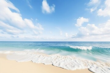 Fototapeta na wymiar Sandy beach with turquoise water and blue cloudy sky