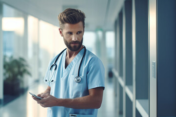 Quality Medical Services: Male Doctor Making Notes in Hospital Corridor, Panoramic View