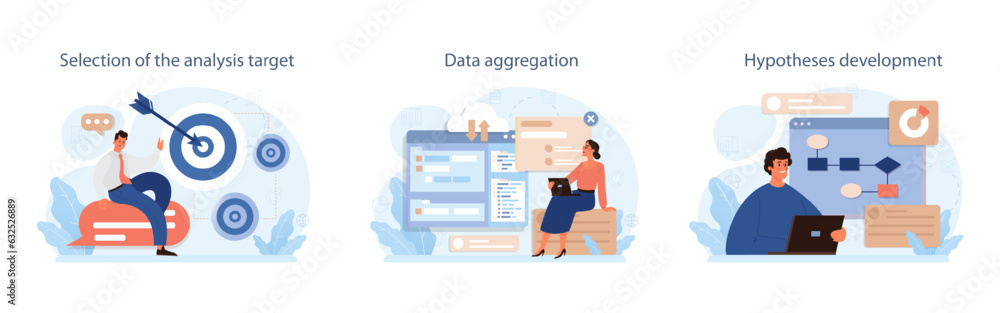 Poster predictive analytics set. process of using data to forecast future outcome.