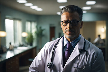 A high-angle shot of a doctor in a medical office