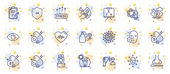 Outline set of Vision board, Pantothenic acid and Folate vitamin line icons for web app. Include Coronavirus vaccine, Stress, Face accepted pictogram icons. Stress grows, Face biometrics. Vector