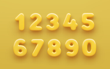 3D Yellow number 1,2,3,4,5,6,7,8,9 and null with a glossy surface on a yellow background