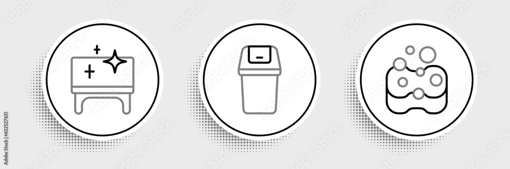 Poster set line sponge, clean table and trash can icon. vector
