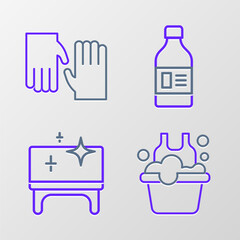 Set line Basin with soap suds, Clean table, Bottle for cleaning agent and Rubber gloves icon. Vector