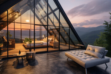 Contemporary luxury villa designed in a minimalist aesthetic. Glass home set against a mountain background. Stunning mountain vistas visible from the modern villa. Upscale glamping experience.

Genera