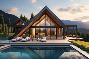 Fototapeta premium Contemporary luxury villa designed in a minimalist aesthetic. Glass home set against a mountain background. Stunning mountain vistas visible from the modern villa. Upscale glamping experience.Genera