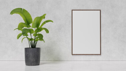 Ornamental plant and empty white picture in frame on light wall background, interior design, place for text, frame with a white background layout for design. 3d render