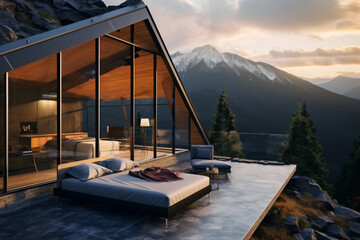 Contemporary luxury villa designed in a minimalist aesthetic. Glass home set against a mountain background. Stunning mountain vistas visible from the modern villa. Upscale glamping experience.

Genera