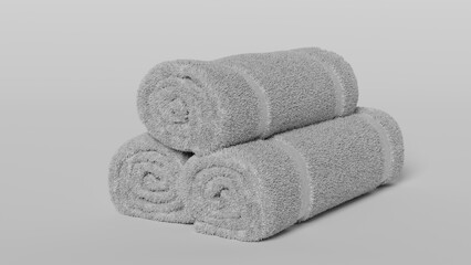 Obraz na płótnie Canvas White three towels roll on white background, White spa towels pile isolate. Empty rolled fabric terry mockup, isolated. Clean domestic hotel towel for shower, template. 3d render