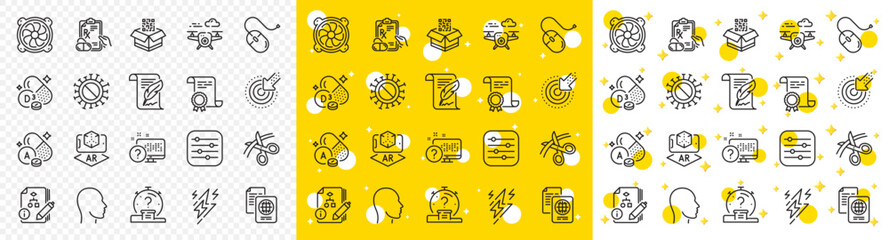 Outline Computer fan, Head and Drone line icons pack for web with Vitamin a, Targeting, Quiz line icon. Algorithm, Prescription drugs, Scissors pictogram icon. Lightning bolt. Vector