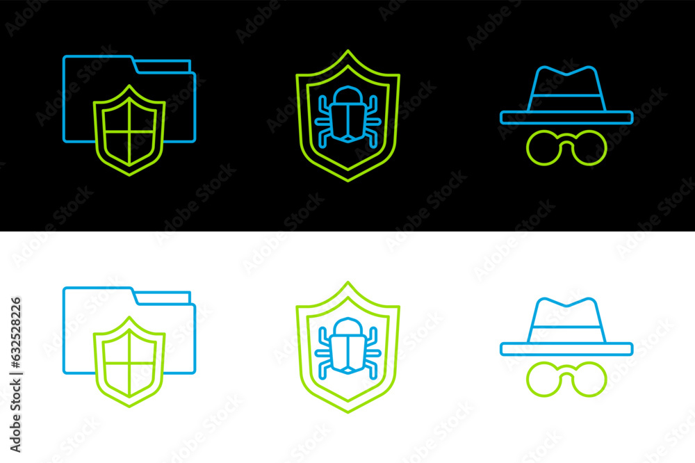 Poster set line incognito mode, document folder protection and system bug icon. vector