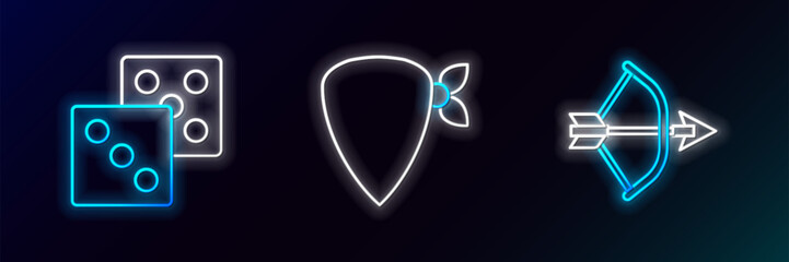 Set line Bow and arrow in quiver, Game dice and Cowboy bandana icon. Glowing neon. Vector