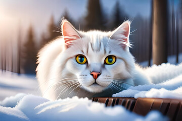 White Fur Cat Portrait in a Snowy Winter Setting. World Cat Day. Generative AI