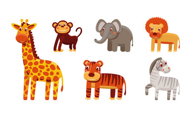 Fototapeta premium Png cartoon animals - funny characters and mascots, tiger, lion, monkey, giraffe 