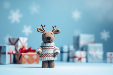 Little deer toy with wrapped Christmas gifts, on blue background, with copy space. Christmas and New Year background, AI generative, illustration.