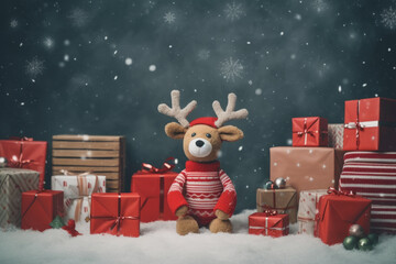 Little deer toy with wrapped Christmas gifts, on blue background, with copy space. Christmas and New Year background, AI generative, illustration.