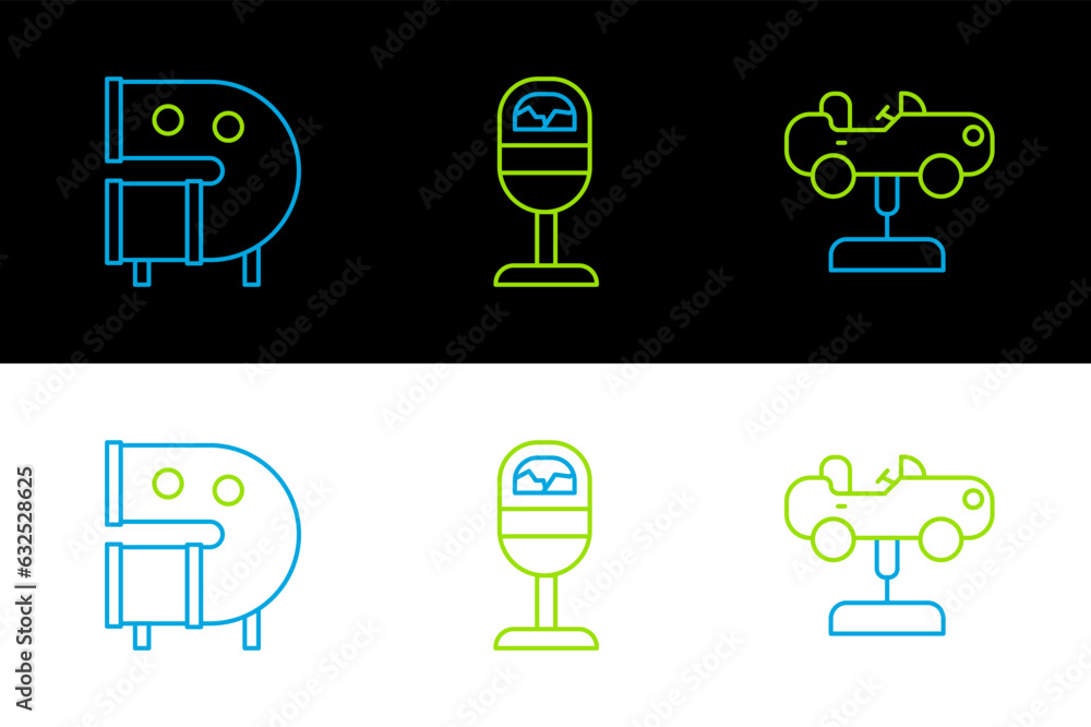 Poster set line swing car, kid playground slide pipe and trash can icon. vector