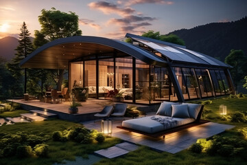 Fototapeta premium Contemporary luxury villa designed in a minimalist aesthetic. Glass home set against a mountain background. Stunning mountain vistas visible from the modern villa. Upscale glamping experience.Genera