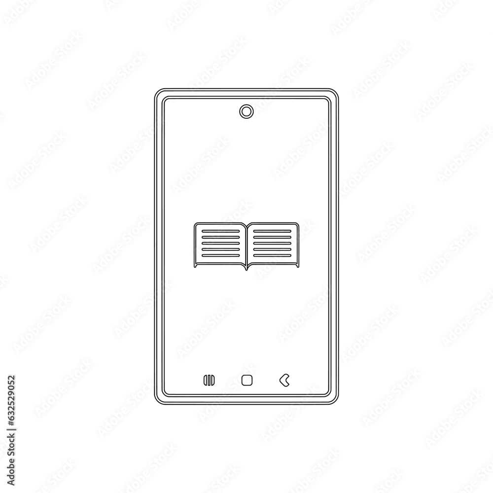 Poster digital literacy in outline icon. smartphone with e-book inside, design element vector illustration 
