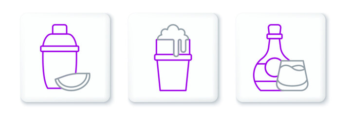 Set line Whiskey bottle and glass, Cocktail shaker with lime and Glass of beer icon. Vector