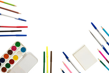 Set of colored pens and markers, paints and notepad in PNG isolated on transparent background. Background on the theme back to school