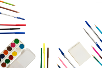 Set of colored pens and markers, paints and notepad in PNG isolated on transparent background. Background on the theme back to school