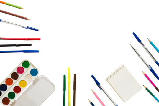 Set of colored pens and markers, paints and notepad in PNG isolated on transparent background. Background on the theme back to school - Powered by Adobe
