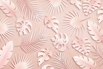 Composition of cut paper tropical palm leaves, jungle Monstera, banana and coconut leaves. Nature mockup, summer art creativity collection on pink background. Top view, flat lay, full cover, close up