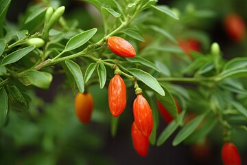 Ripe red goji berries adorn the lush green foliage.