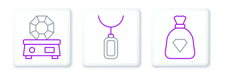 Set line Bag with gems, Gem stone and Pendant necklace icon. Vector